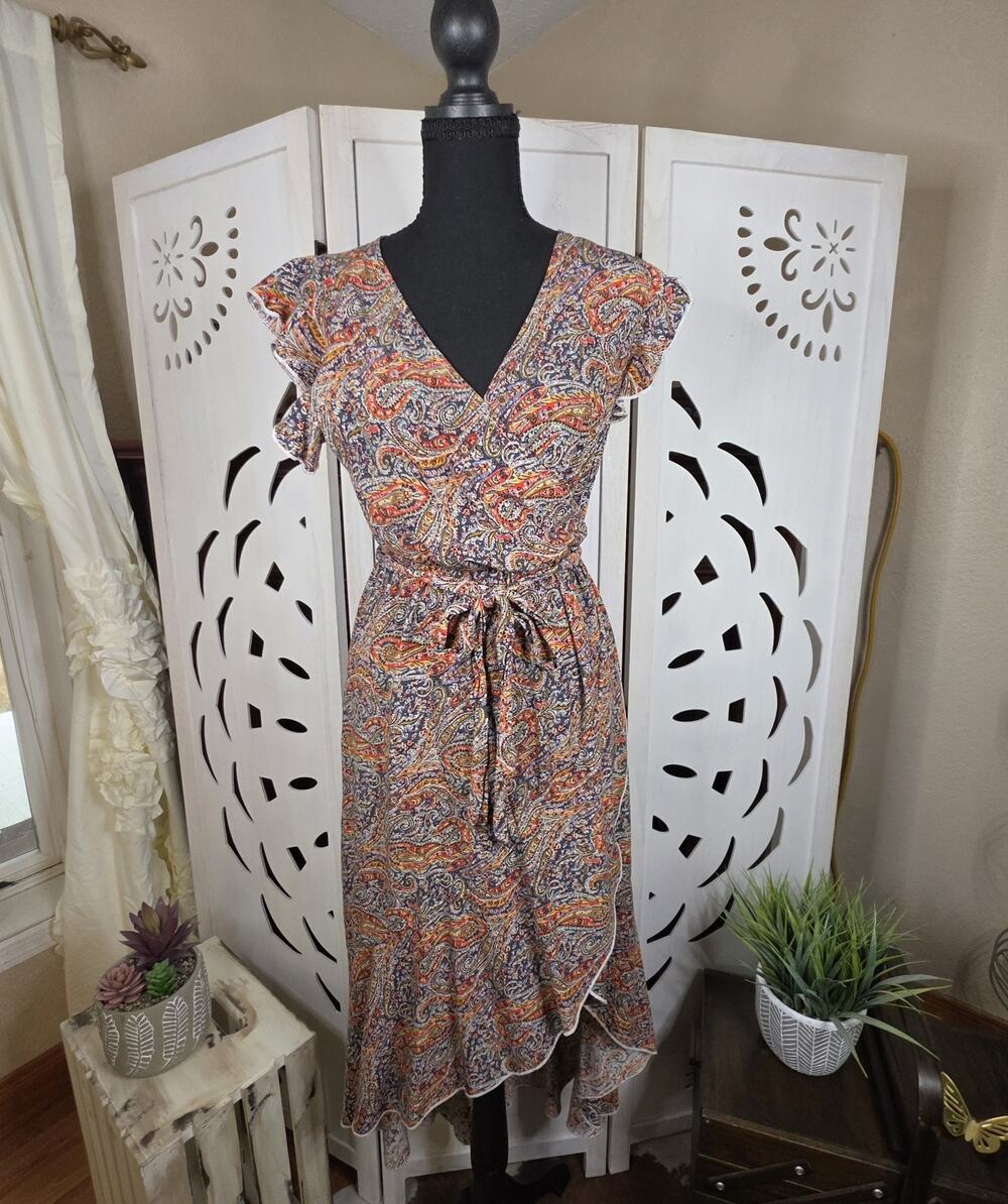 Grecerelle Women's Wrap Short Sleeve belted Dress Paisley Size Small